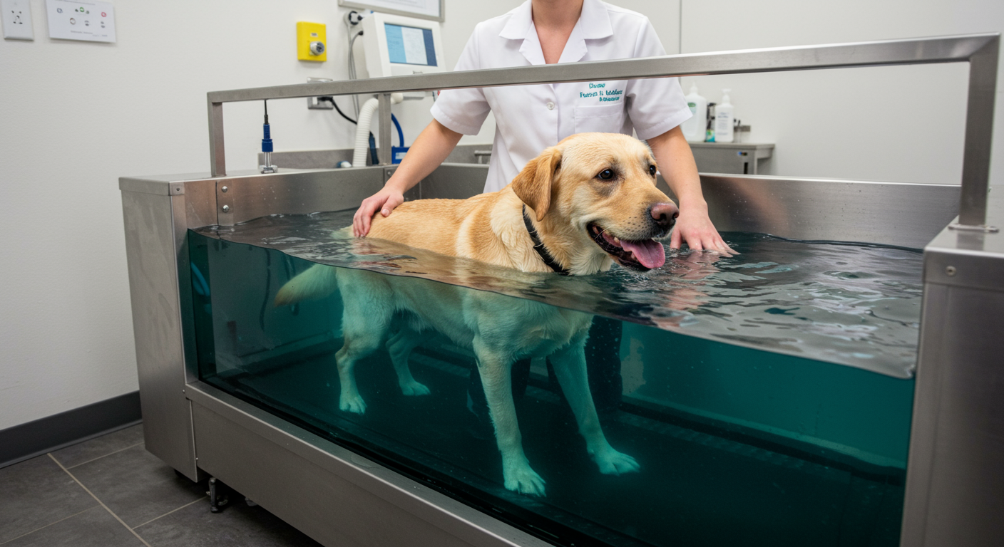 Labrador retriever in an underwater treadmill hydrotherapy session at a canine rehabilitation clinic